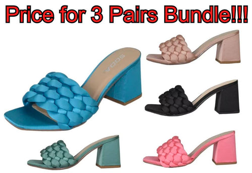 3 Pairs Shoes Bundle Soda Women Block Heel Sandal Braided Band Square Toe Satin
